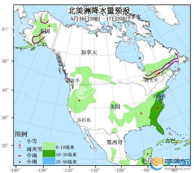 5月16日国外天气预报 亚洲美国西北东南雨雪多