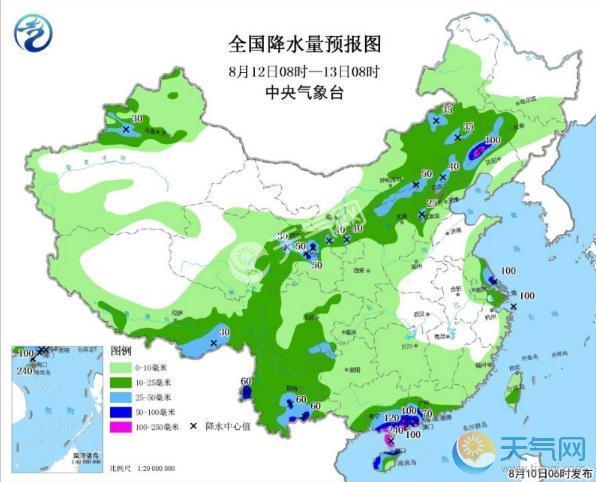 全国降水量预报图(8月12日08时-13日08时)