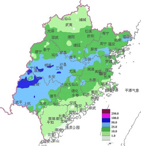 出现中到大雨,其中,三明西南部和龙岩西北部的一些乡镇还出现了暴雨