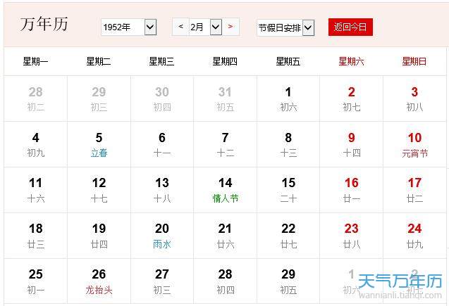 1952年农历阳历表1952年阴历阳历对照表