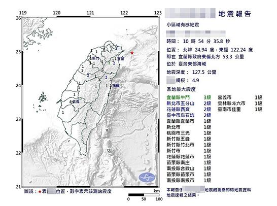 台湾东部外海发生4.9级地震 目前未引发海啸预警