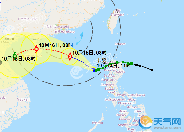 2017年20號颱風卡努路徑圖:15日-16日登陸海南萬寧到廣東湛江