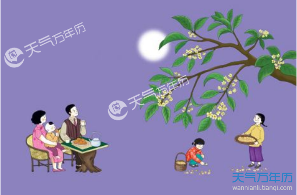 中秋节团圆赏月图画 团团做吃月饼看月亮的手绘图