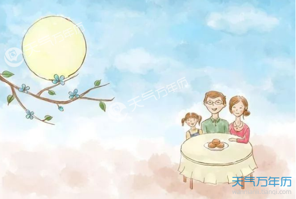 中秋节团圆赏月图画 团团做吃月饼看月亮的手绘图